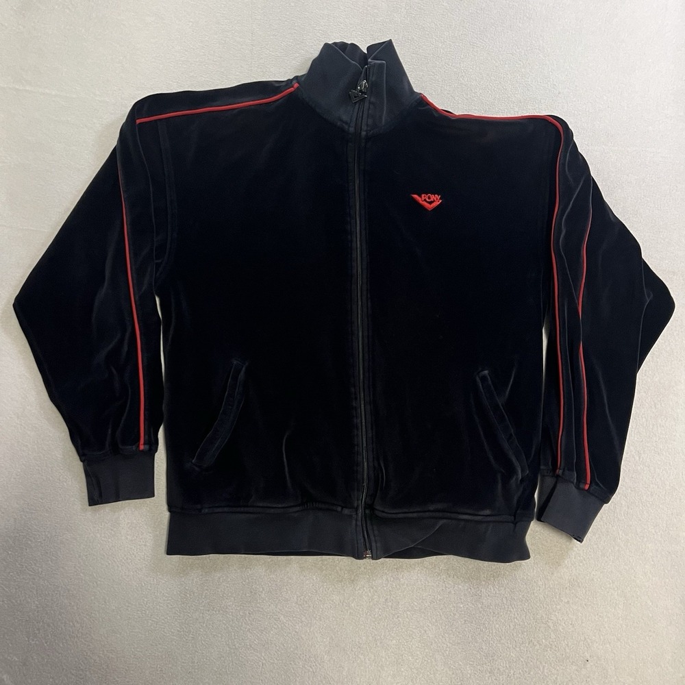 Vintage Pony Velour Track Jacket Men Medium Black Full Zip Mock Neck Long Sleeve